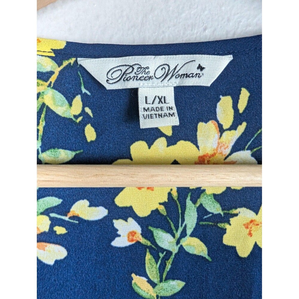 Pioneer Woman Kimono Womens L XL Navy Yellow Floral Duster Robe 46in Lightweight - Picture 3 of 8